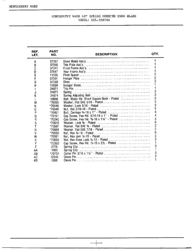 42-Inch Spring Mounted Blade 2 Diagram and Parts List for 33870A  Lawn Boy Snow Blower